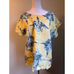 Bellambra Italian‎ Yellow Blue Tie Dye Linen Tunic Top Shirt S boho whimsi Y2K